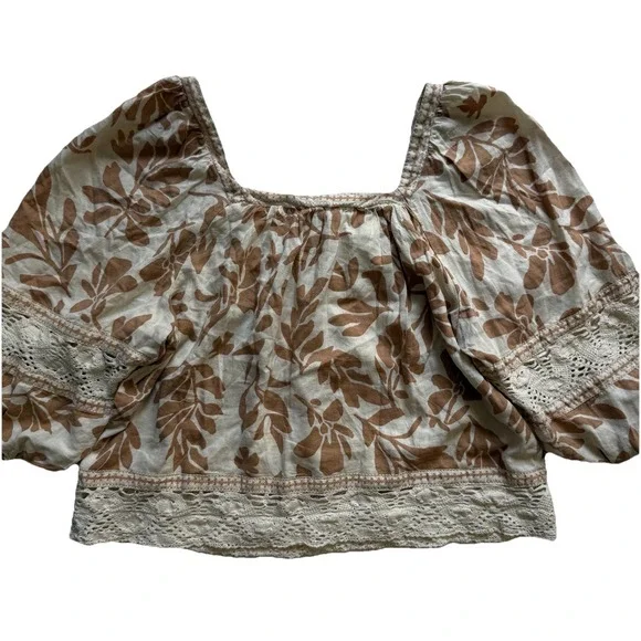 Christian Siriano Linen Blend Floral Square Neck Crochet Blouse Top Shirt Sz L - Picture 2 of 10